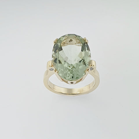 Green Amethyst & Diamond 9ct Gold Ring