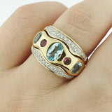 Blue Topaz, Tourmaline & Diamond 9ct Gold Ring