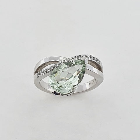 Green Amethyst & Diamond 9ct Gold Ring