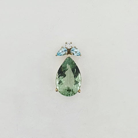 Green Amethyst, Blue Topaz & Diamond 9ct Gold Pendant