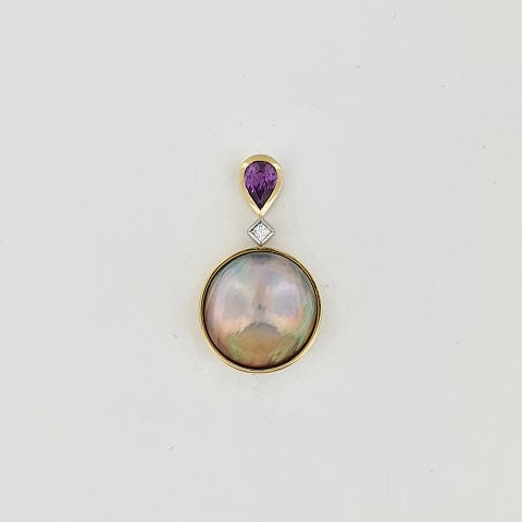 Freshwater Pearl, Diamond & Purple Sapphire 18ct Gold & Platinum Pendant